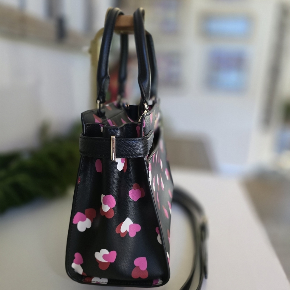 Kate Spade Medium Staci Flutter Hearts Satchel-Crossbody Black Saffiano Leather - Picture 6 of 12